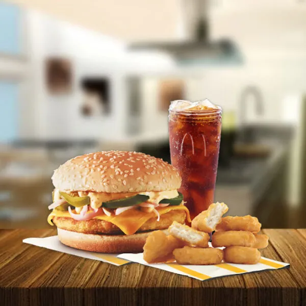 Burger and 3 Chicken Strips with Soft Drink